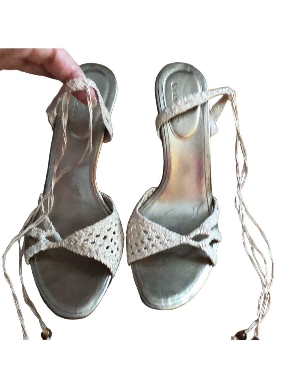 Cole Haan Cream Colored Macrame, Cork Heeled Sandals. Size 7.5-8.